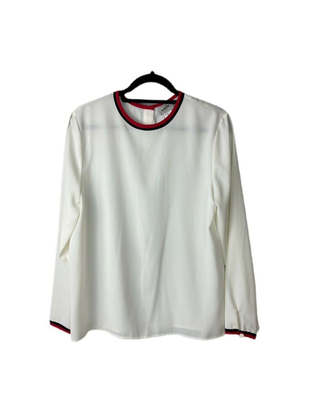 Jacqueline Ferrar Womens Size 8 Long Sleeve White Blouse Red & Black Trim